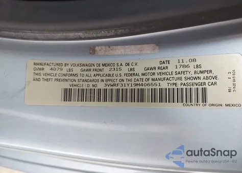 2009 Volkswagen New Beetle 2.5L from USA, damaged, VIN 3VWRF31Y19M406551